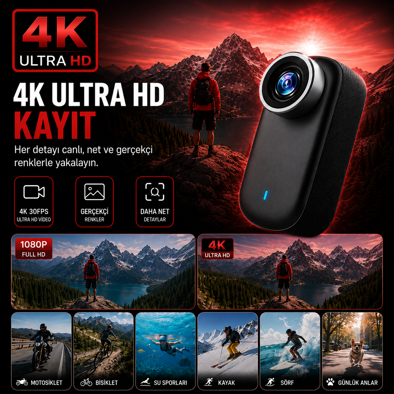ZOREX 4K PLUS Aksiyon Kamerası | Ultra HD, Su Geçirmez, Geniş Açı Lens